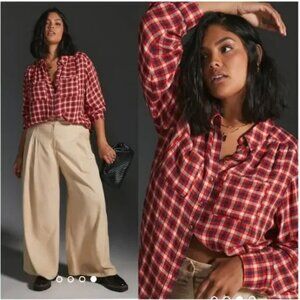 Anthropologie Pilcro Plaid Relaxed Button Up Shirt Red Motif Viscose Wool S
